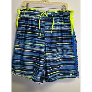 Nike Swim Trunks Board Shorts Mens L Blue‎ Lime Green Accents Swoosh Brief Lined